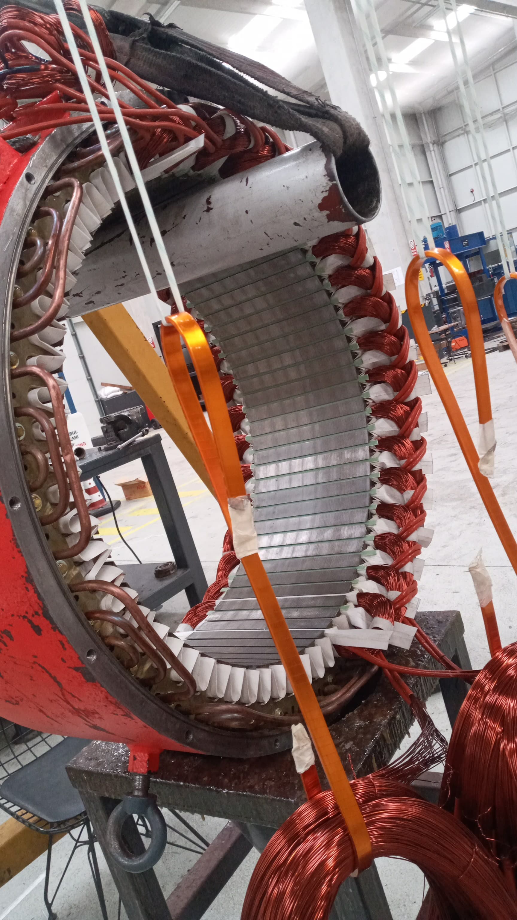 A stator lifted by crane