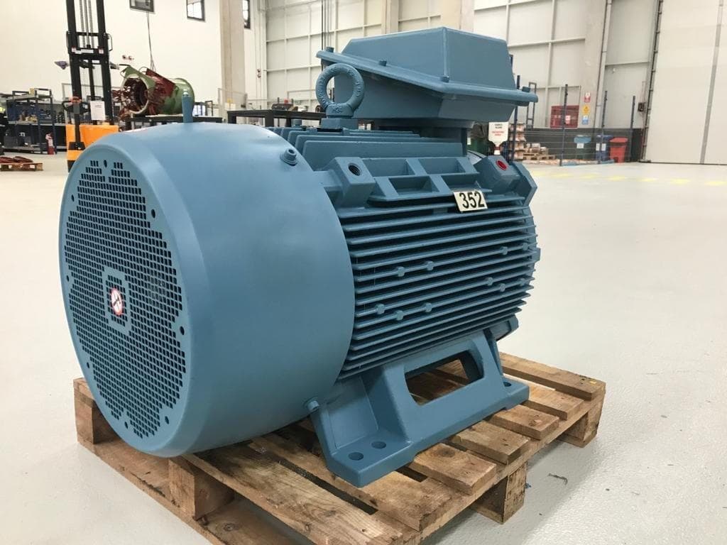A blue induction motor on a pallet